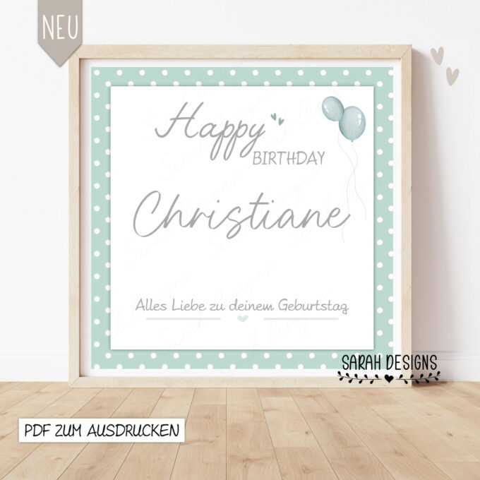 Geldgeschenk PDF zum ausdrucken zum Geburtstag Happy Birthday Print Digitale Druckvorlage mit Ballons in mint