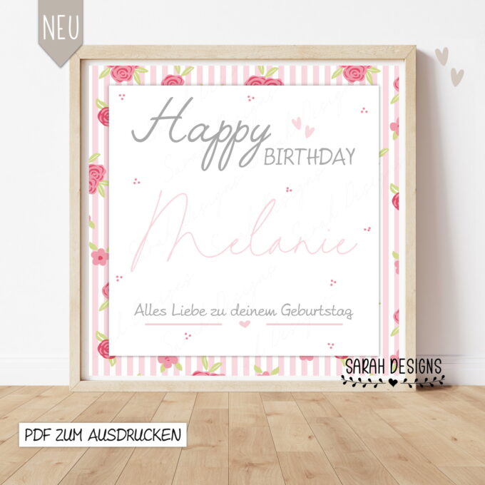 Geldgeschenk PDF zum ausdrucken zum Geburtstag Happy Birthday Print Digitale Druckvorlage mit Rosen rosat