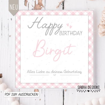 Digitale Geschenkkarte – personalisiert – PDF Vorlage – rosa kariert