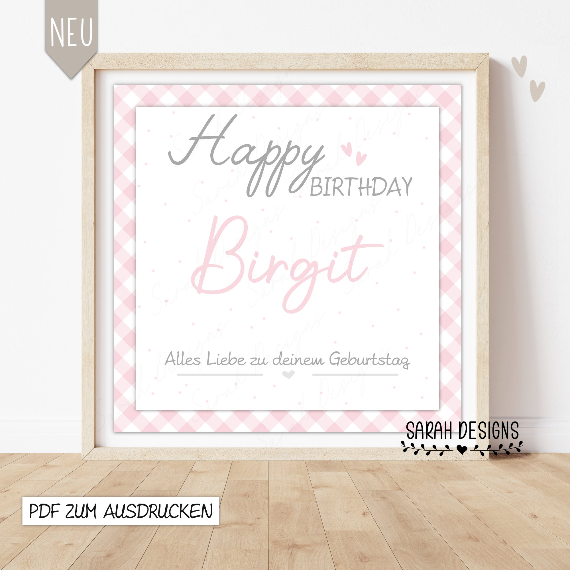 Geldgeschenk PDF zum ausdrucken zum Geburtstag Happy Birthday Print Digitale Druckvorlage rosa kariert